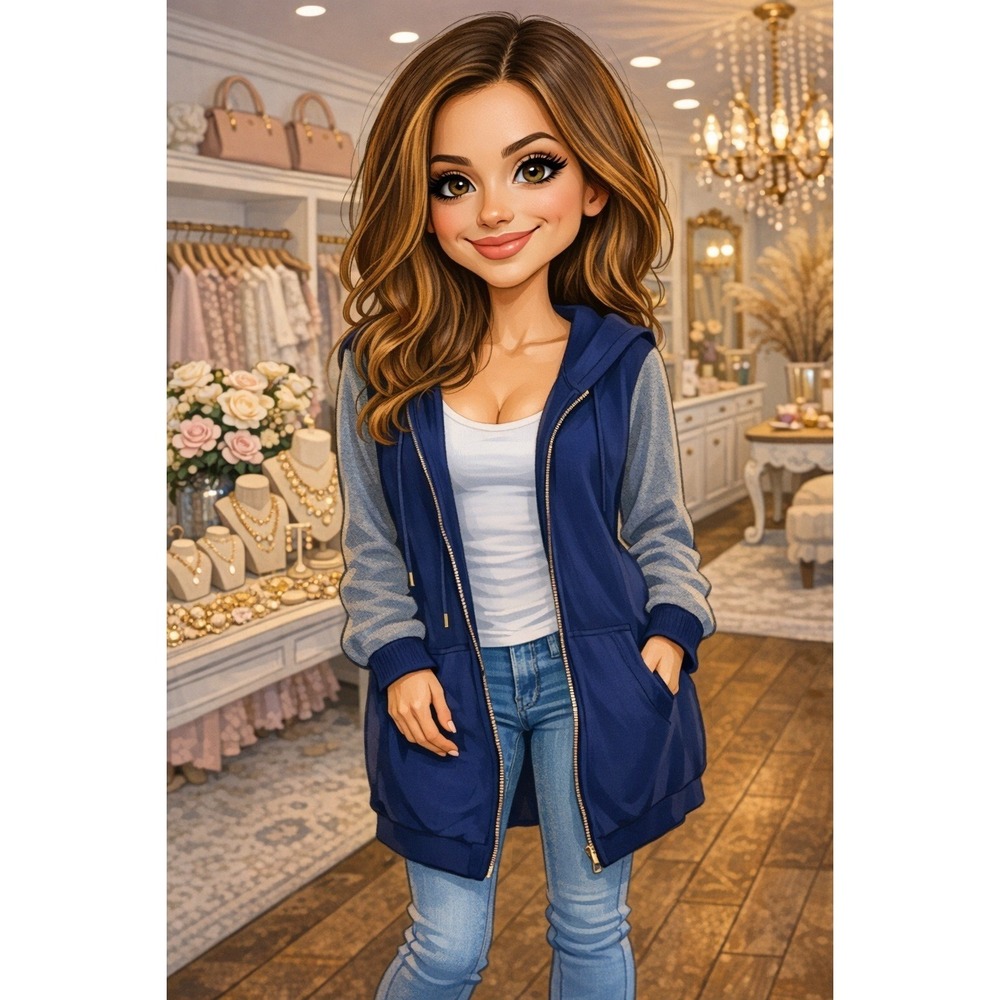 SHEIN Curve Womens 2XL Navy Blue‎ Grey Longline Full Zip Fleece Hoodie Jacket - Picture 6 of 8